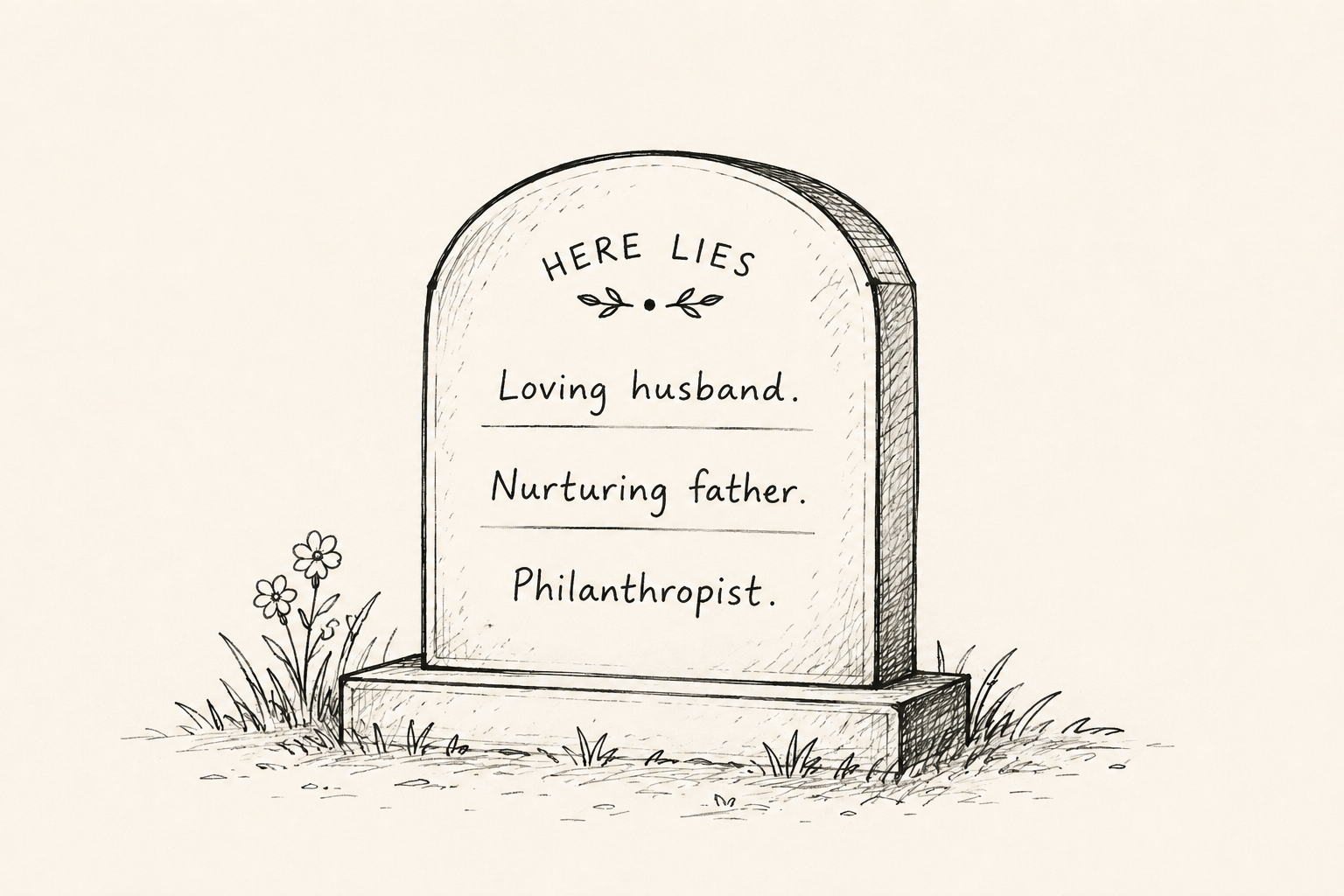 A hand-drawn tombstone with the words Loving husband, Nurturing father and Philanthropist.